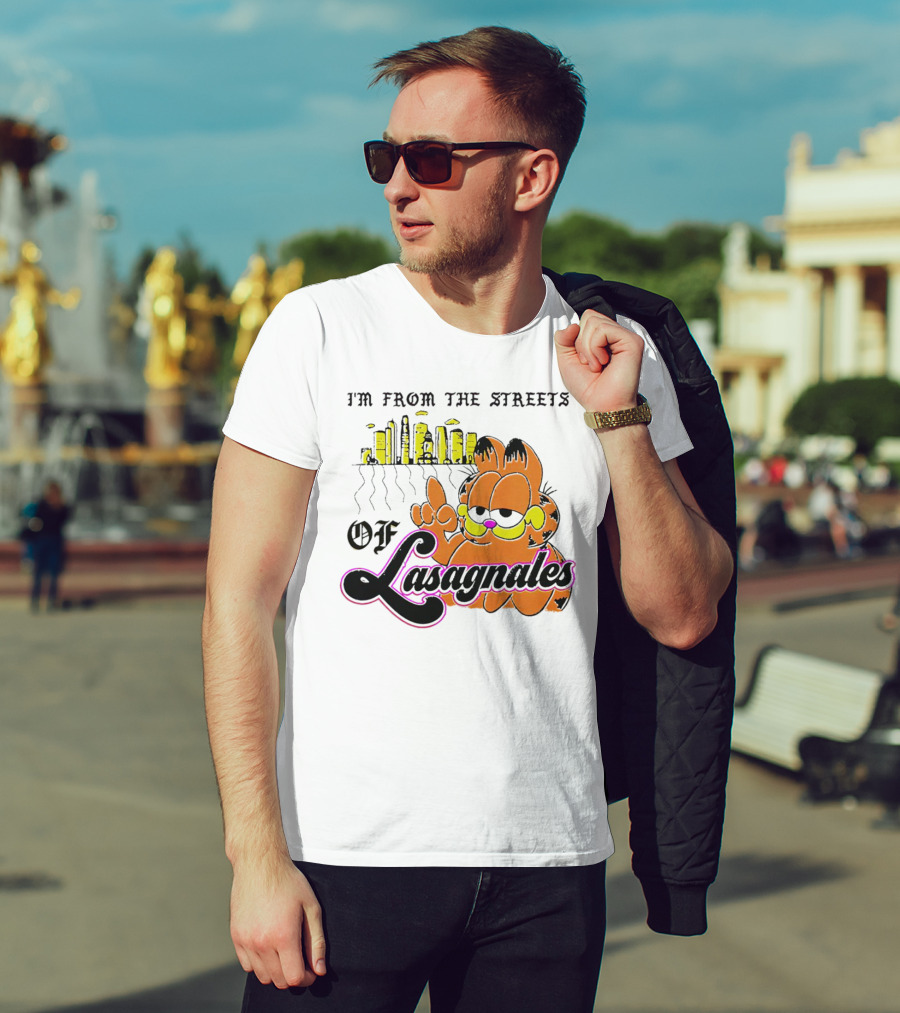 Garfield I'm From The Streets Of Lasagnales With City Skyline And Finger Pointing T-Shirt