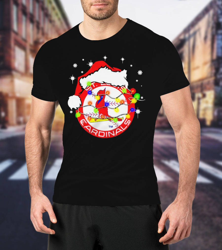 Santa Hat St. Louis Cardinals Christmas Lights Holiday T-Shirt