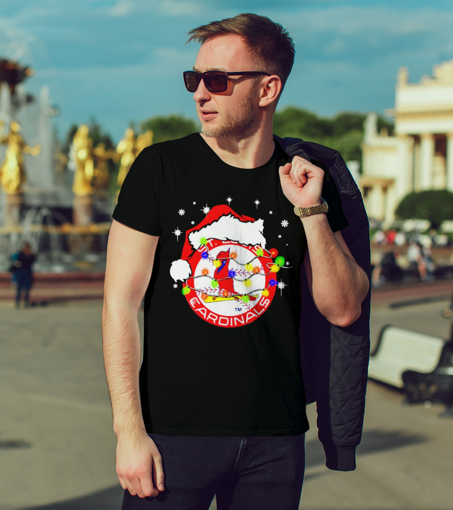 Santa Hat St. Louis Cardinals Christmas Lights Holiday T-Shirt