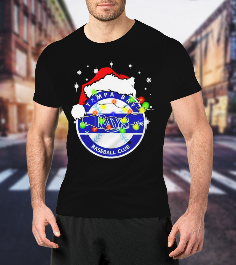 Tampa Bay Rays Baseball Club Santa Hat Christmas Lights T-Shirt