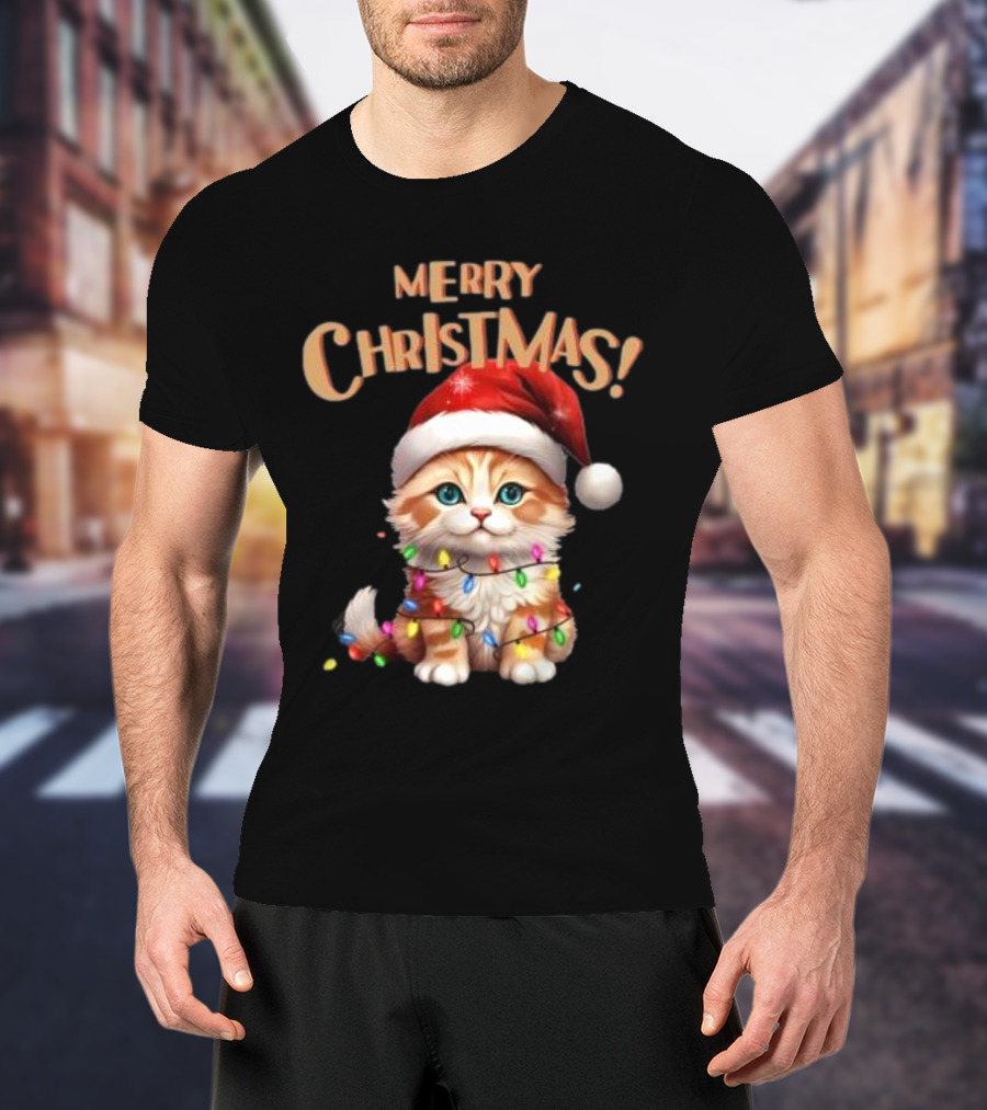Merry Christmas Cat Santa With Lights T-Shirt