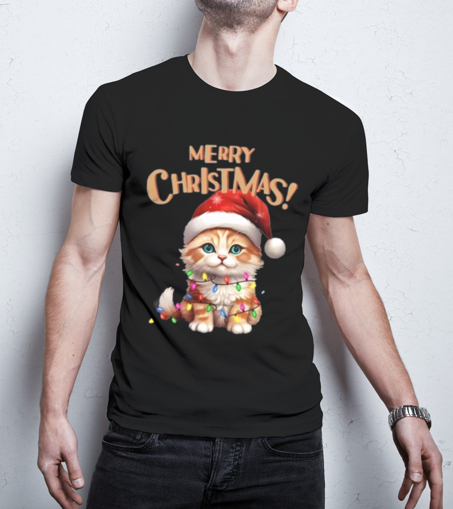 Merry Christmas Cat Santa With Lights T-Shirt