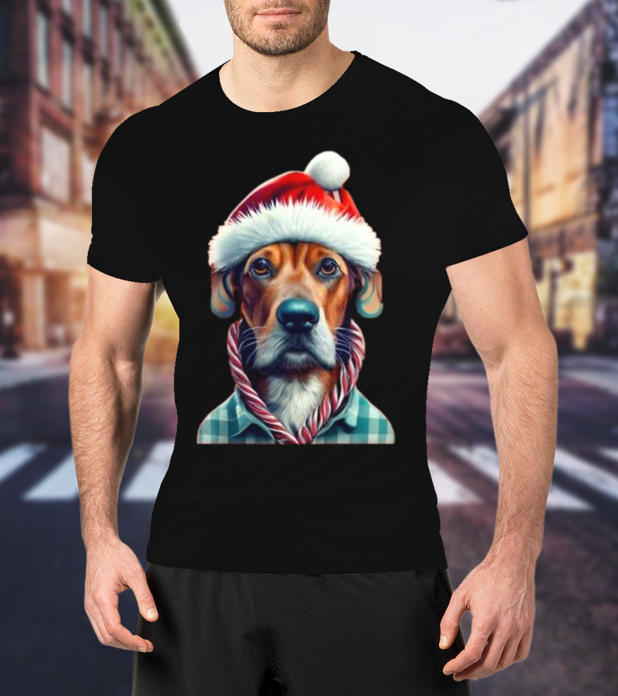 Dog In Santa Hat With Candy Cane Scarf Christmas T-Shirt