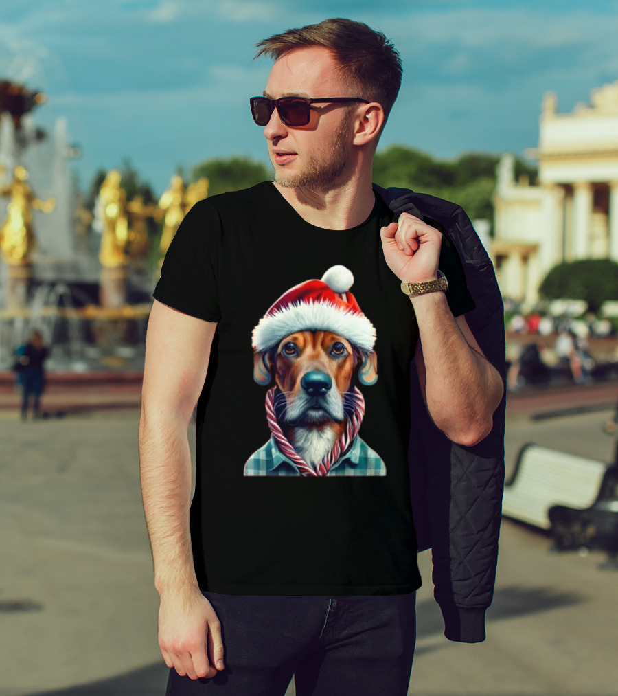 Dog In Santa Hat With Candy Cane Scarf Christmas T-Shirt