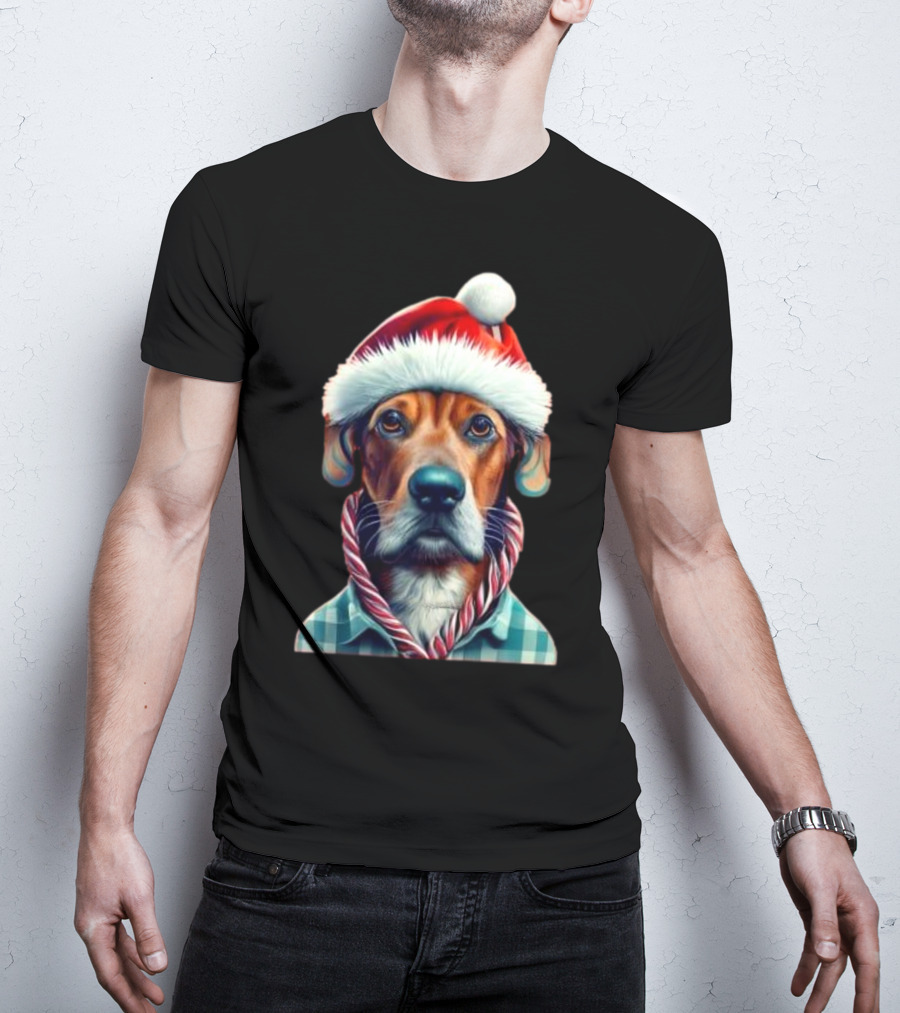 Dog In Santa Hat With Candy Cane Scarf Christmas T-Shirt