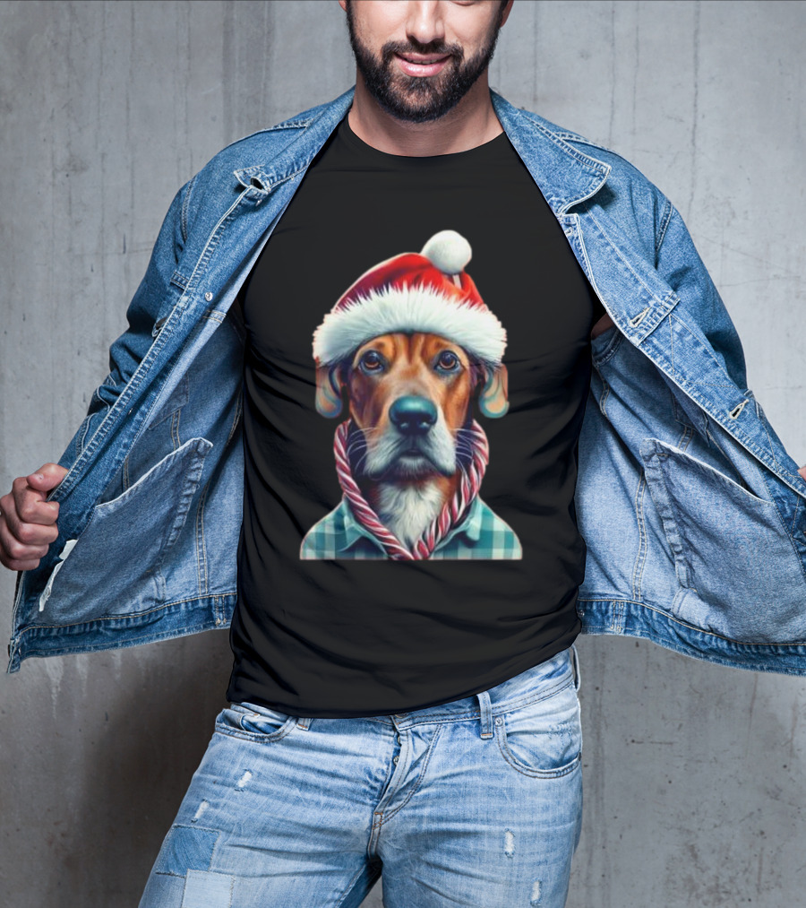 Dog In Santa Hat With Candy Cane Scarf Christmas T-Shirt