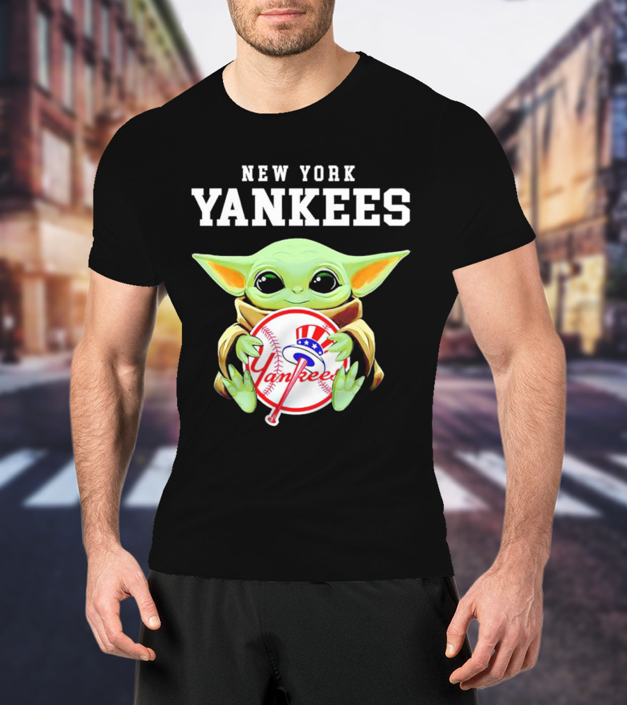 New York Yankees Baby Yoda Holding Team Baseball Emblem T-Shirt