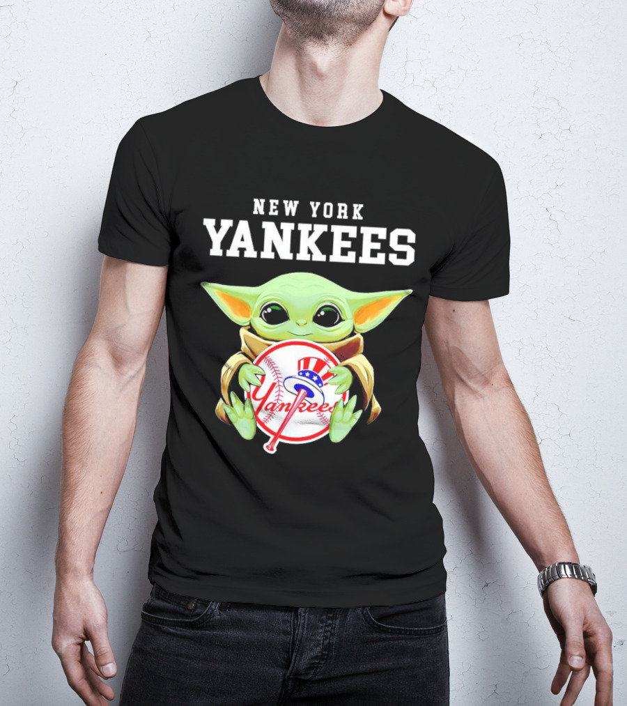 New York Yankees Baby Yoda Holding Team Baseball Emblem T-Shirt