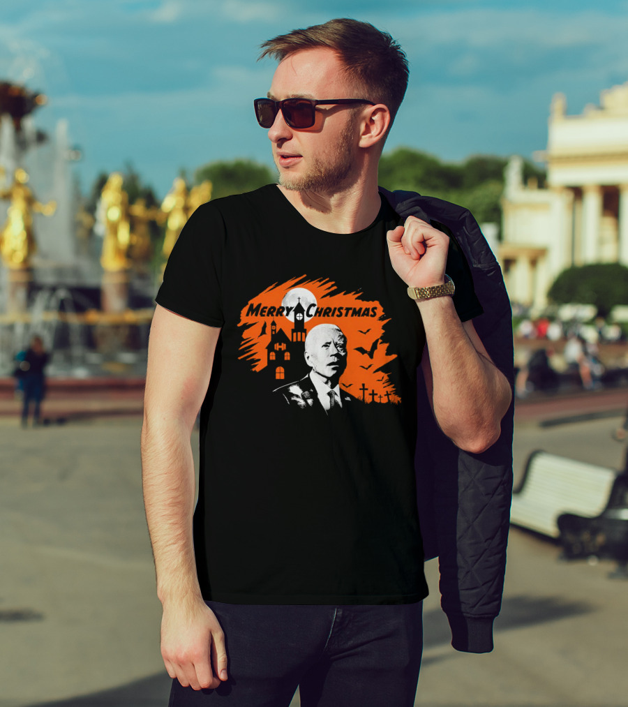 Biden Merry Christmas Halloween Haunted Church Graveyard Bats Orange Moon T-Shirt