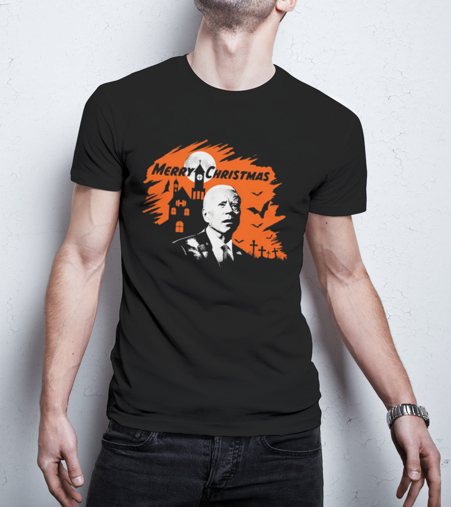 Biden Merry Christmas Halloween Haunted Church Graveyard Bats Orange Moon T-Shirt