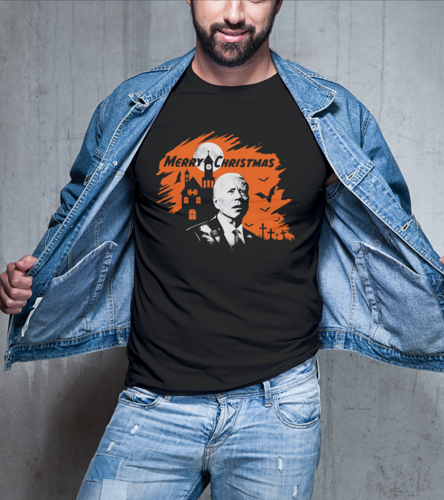 Biden Merry Christmas Halloween Haunted Church Graveyard Bats Orange Moon T-Shirt