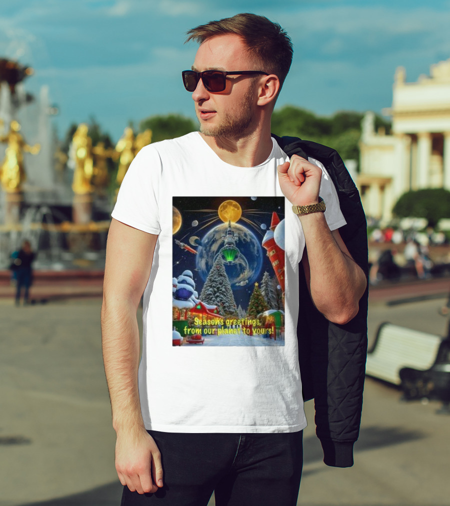 Season’s Greetings From Our Planet To Yours Christmas Scene With Snowy Trees And Space Elements T-Shirt