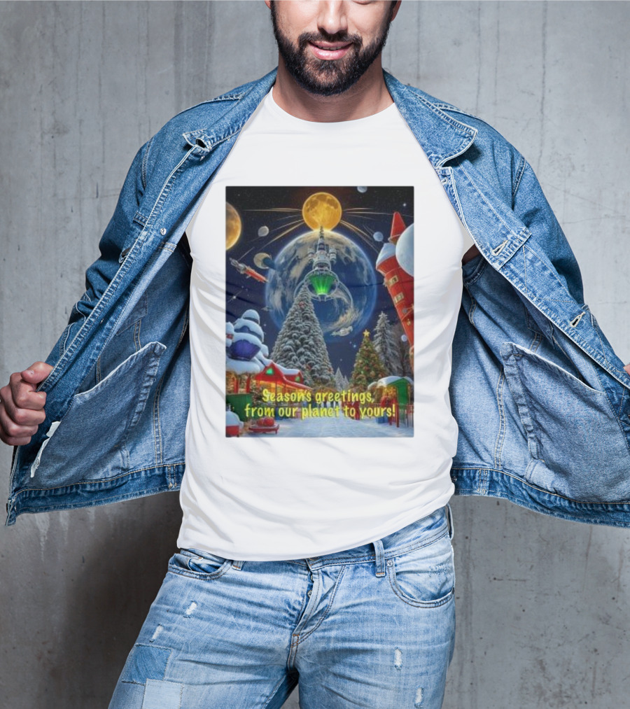 Season’s Greetings From Our Planet To Yours Christmas Scene With Snowy Trees And Space Elements T-Shirt