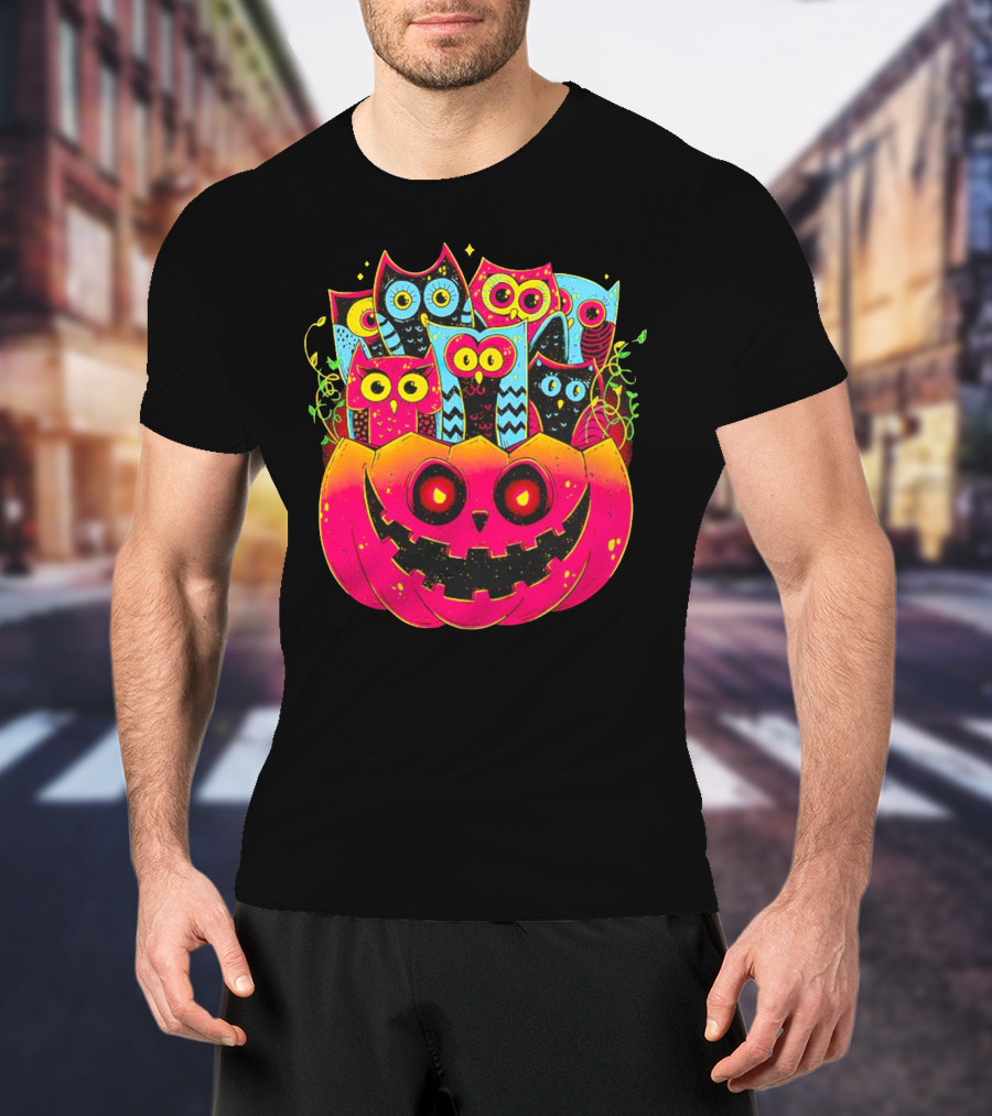 Neon Owls In Jack-o'-Lantern Halloween Party T-Shirt