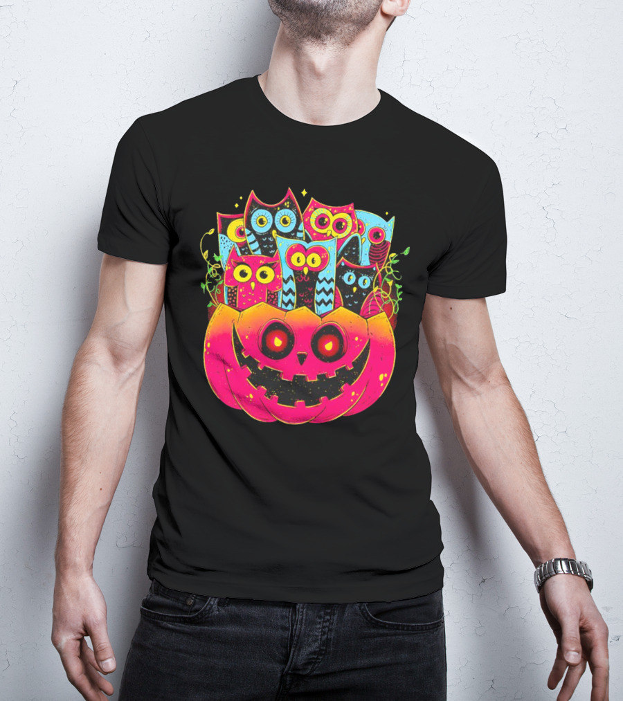 Neon Owls In Jack-o'-Lantern Halloween Party T-Shirt