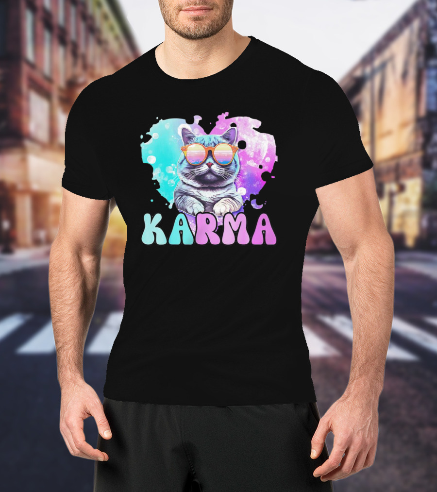 Karma Cat In Sunglasses With Heart-Shaped Watercolor Background T-Shirt