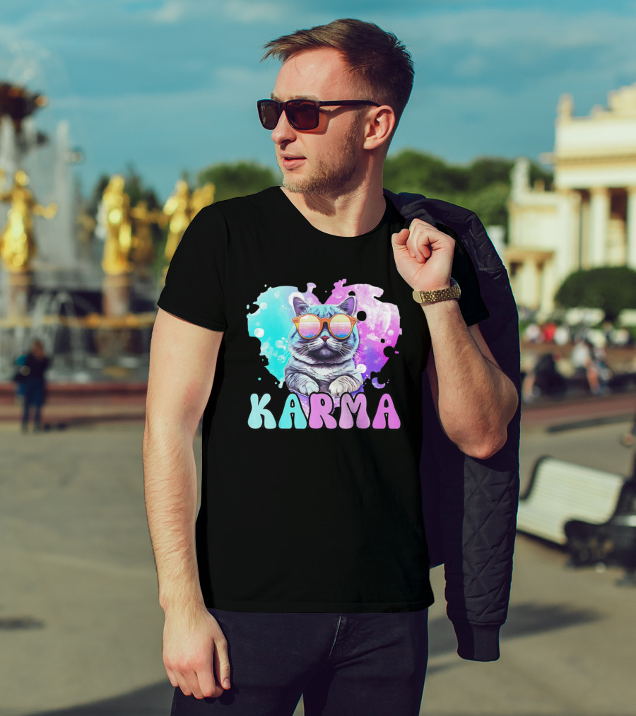 Karma Cat In Sunglasses With Heart-Shaped Watercolor Background T-Shirt