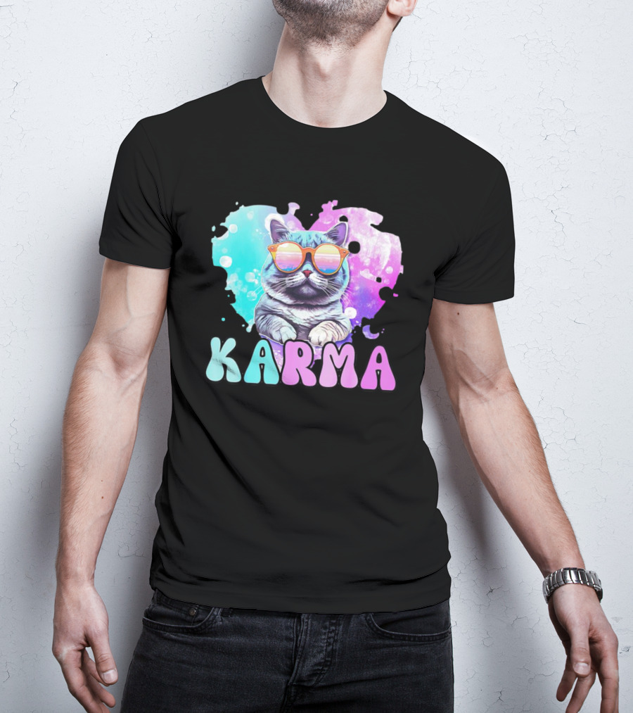 Karma Cat In Sunglasses With Heart-Shaped Watercolor Background T-Shirt