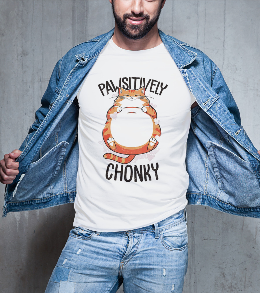 Pawsitively Chonky Cat With Hearts And Smiling Orange Tabby T-Shirt