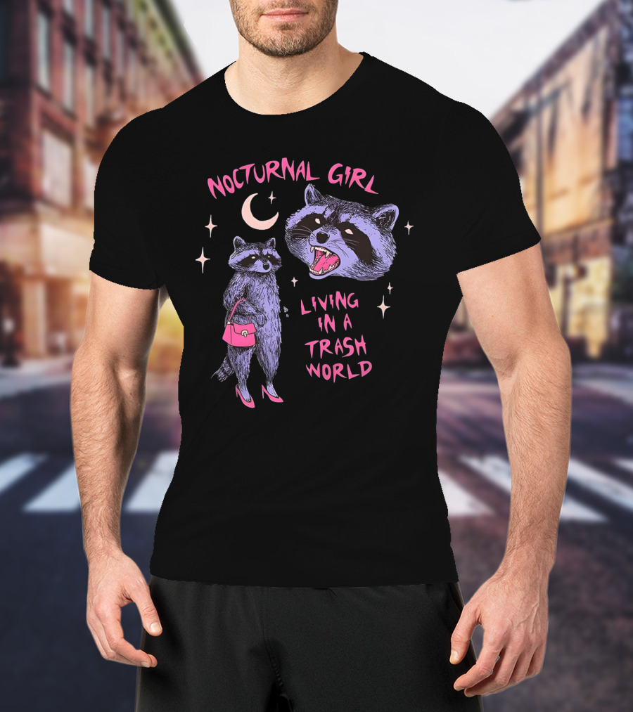 Nocturnal Girl Raccoon Living In A Trash World Under Moon And Stars T-Shirt