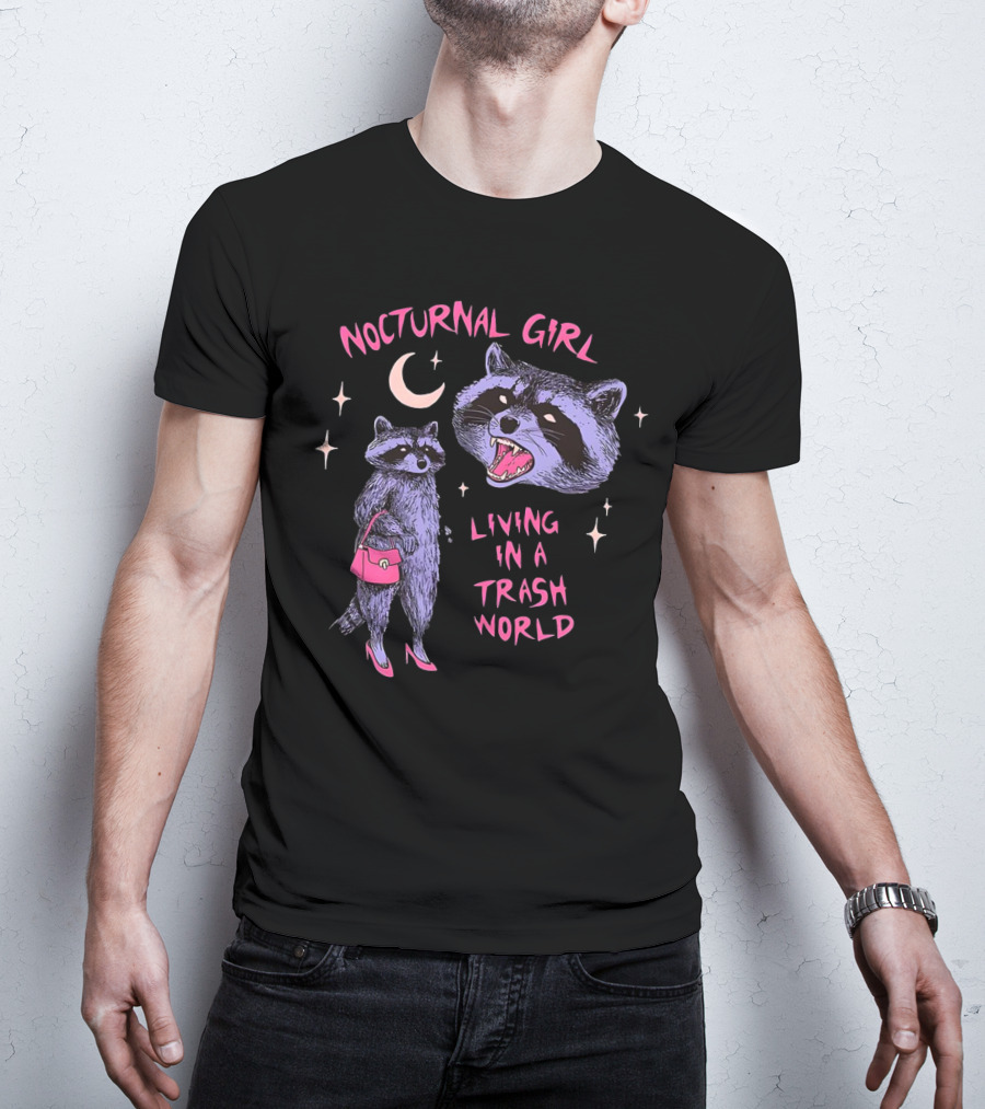 Nocturnal Girl Raccoon Living In A Trash World Under Moon And Stars T-Shirt