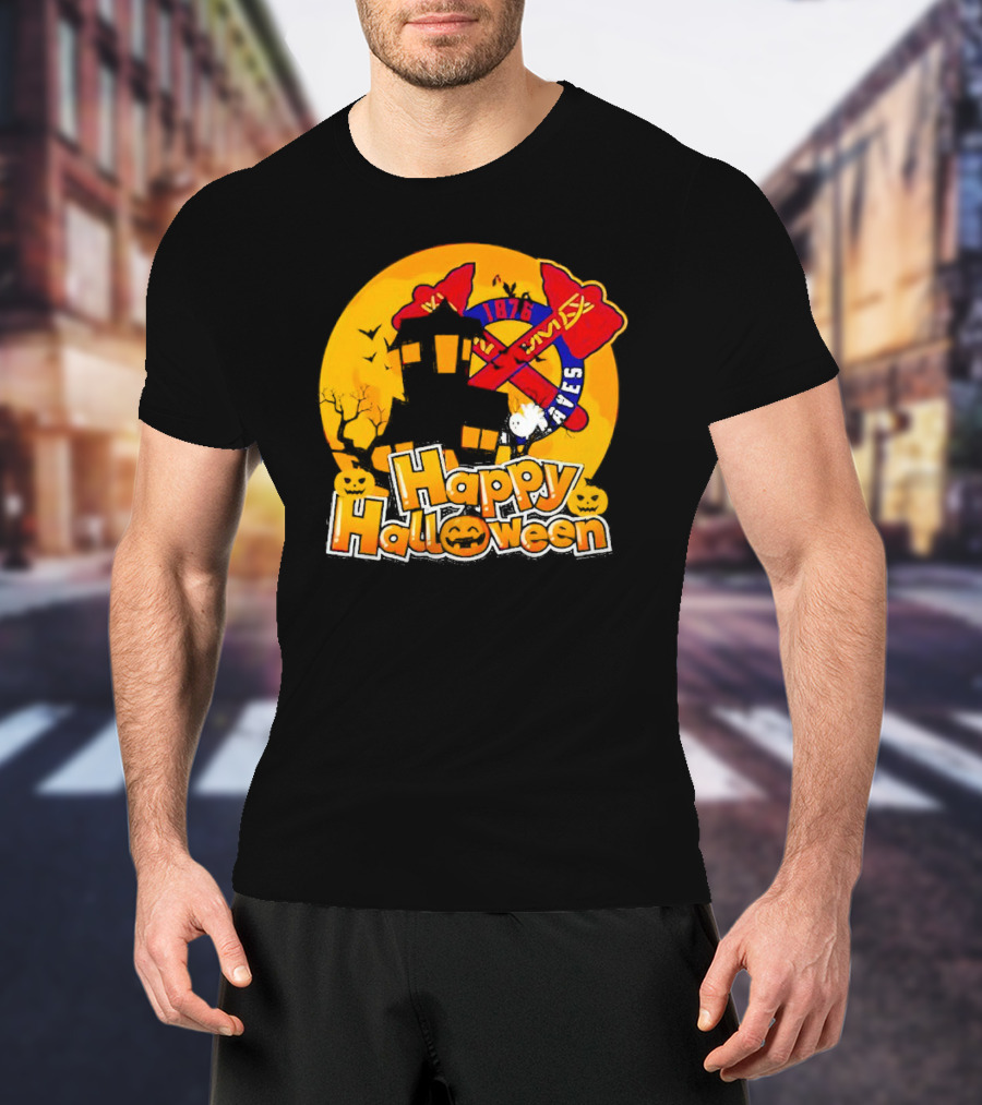 Atlanta Braves 1876 Happy Halloween Haunted House Pumpkins Bats T-Shirt