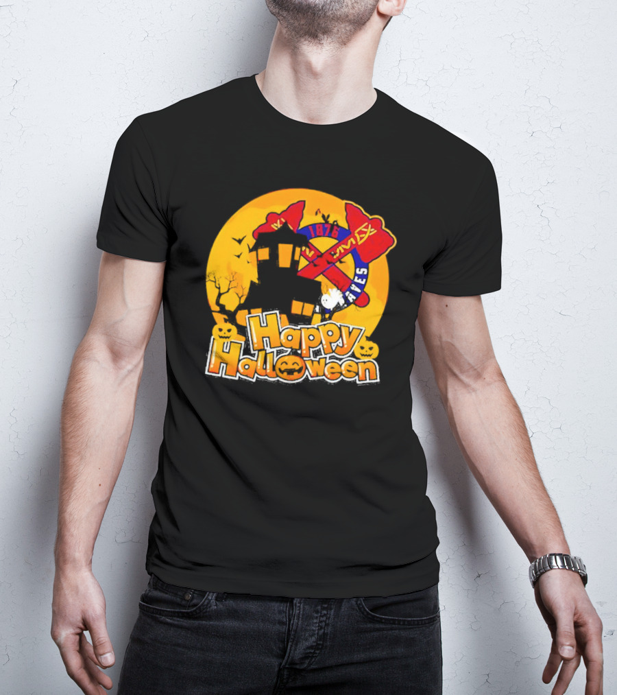 Atlanta Braves 1876 Happy Halloween Haunted House Pumpkins Bats T-Shirt