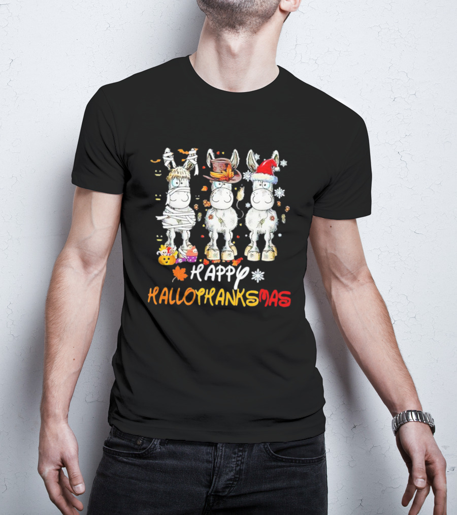 Happy Hallothanksmas Funny Horses Mummy Witch Santa Hats T-Shirt