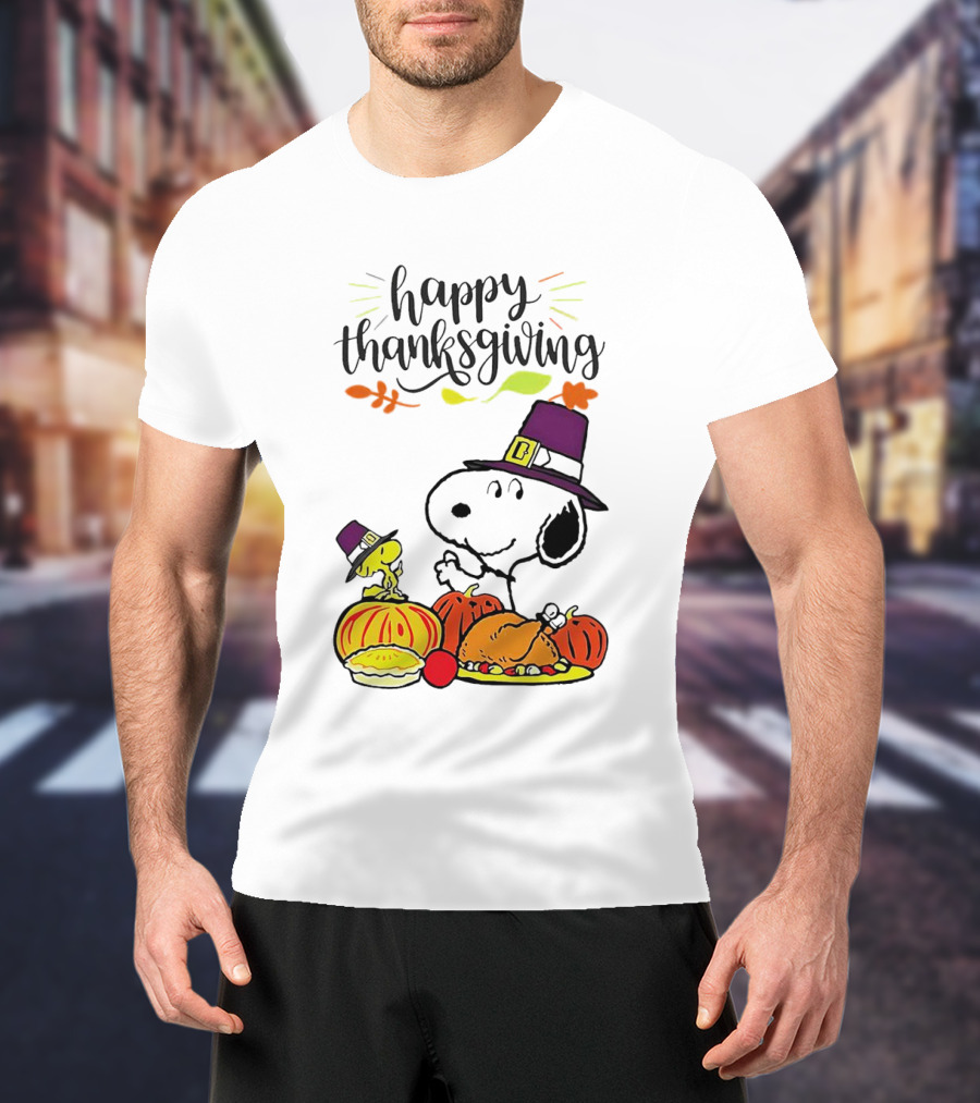 Thanksgiving Snoopy And Woodstock With Pilgrim Hats Feast T-Shirt