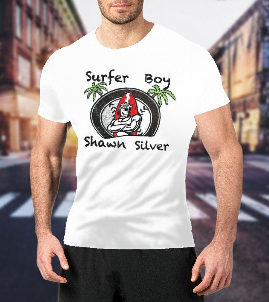 Surfer Boy Shawn Silver Palm Trees Red Surfboard T-Shirt