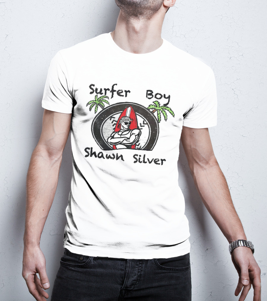 Surfer Boy Shawn Silver Palm Trees Red Surfboard T-Shirt