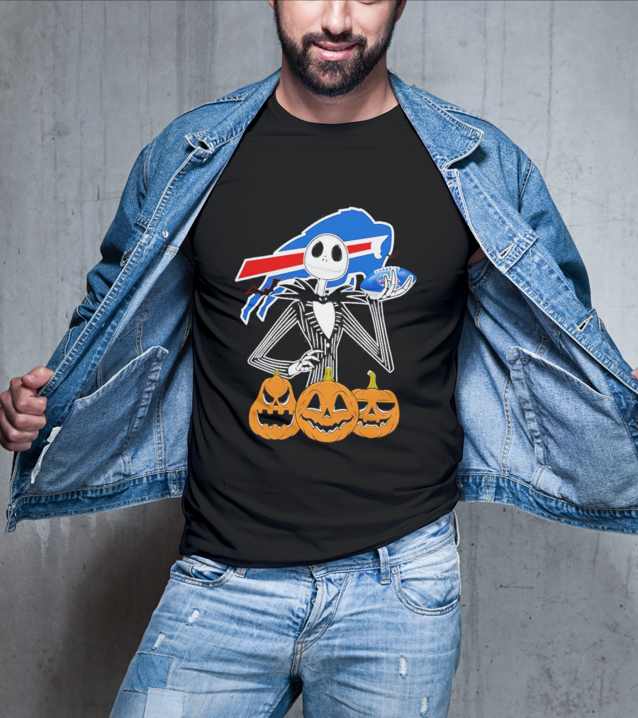 Buffalo Bills Jack Skellington Holding Football Halloween Pumpkins T-Shirt