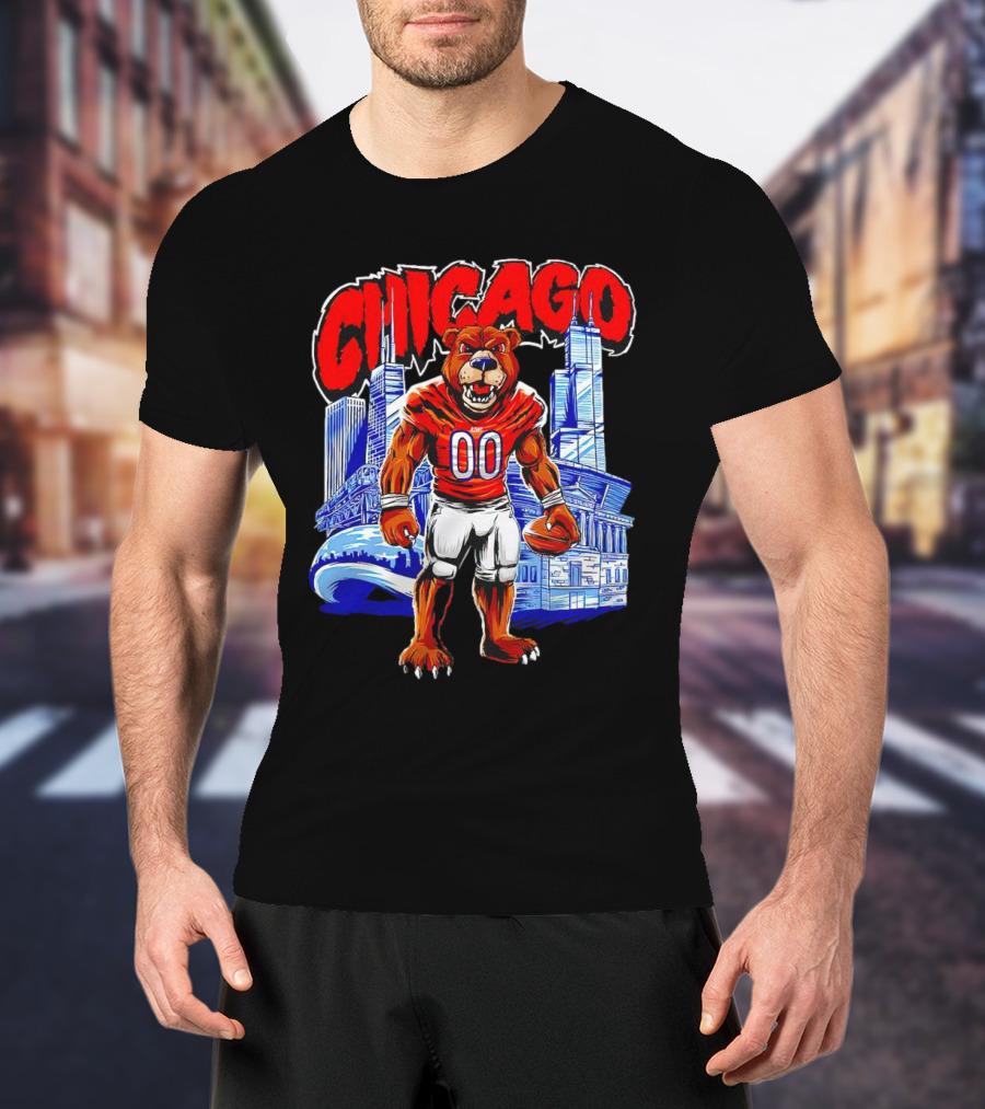 Chicago Bears Mascot Cartoon With City Skyline T-Shirt