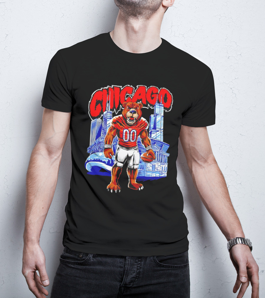 Chicago Bears Mascot Cartoon With City Skyline T-Shirt