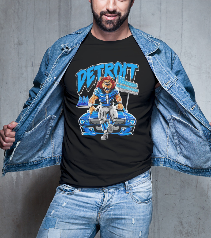 Detroit Lions Woodward All American Road Lion With Car And Cityscape T-Shirt