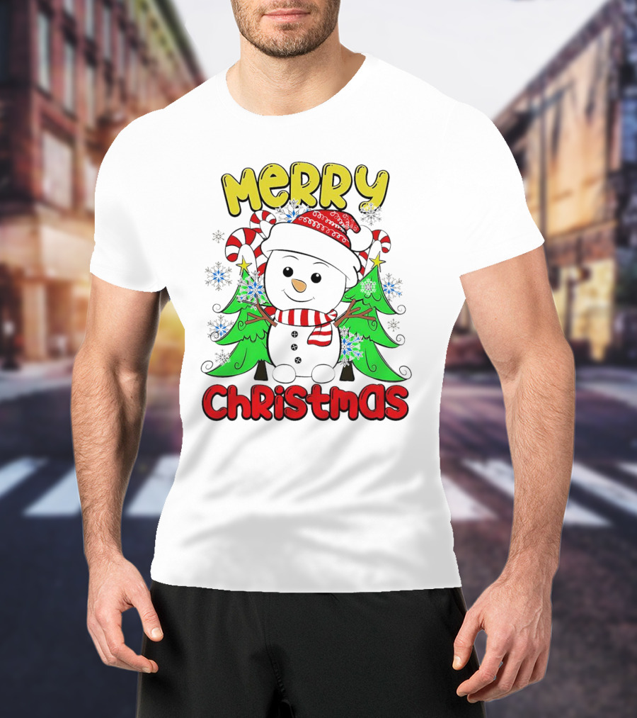 Merry Christmas Snowman With Candy Canes And Snowflakes T-Shirt