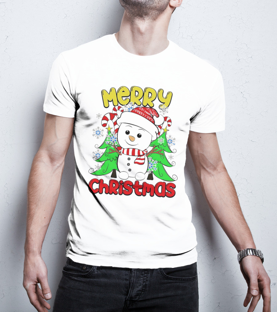 Merry Christmas Snowman With Candy Canes And Snowflakes T-Shirt