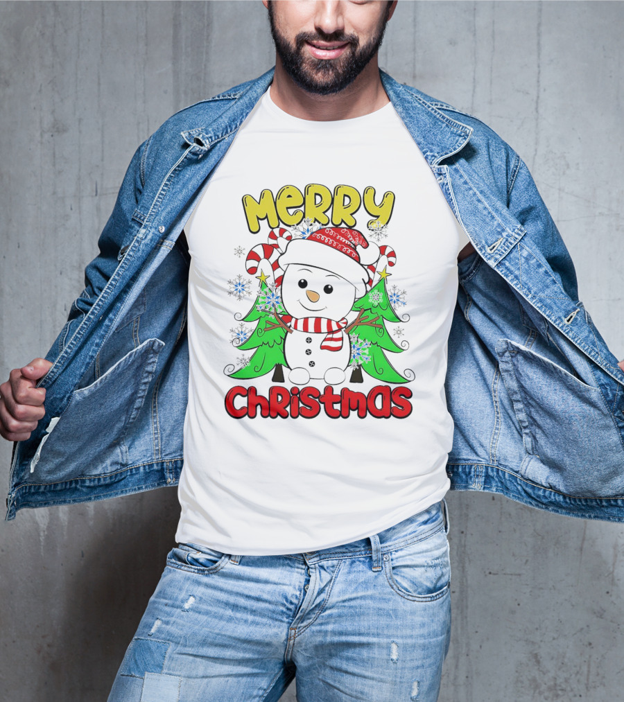 Merry Christmas Snowman With Candy Canes And Snowflakes T-Shirt