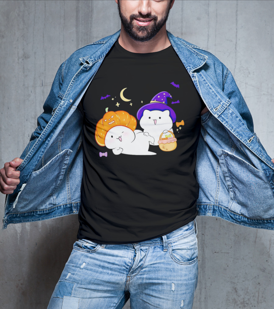 Bongo Cat Meme Halloween Pumpkin Witch Hat Moon Stars Bats T-Shirt