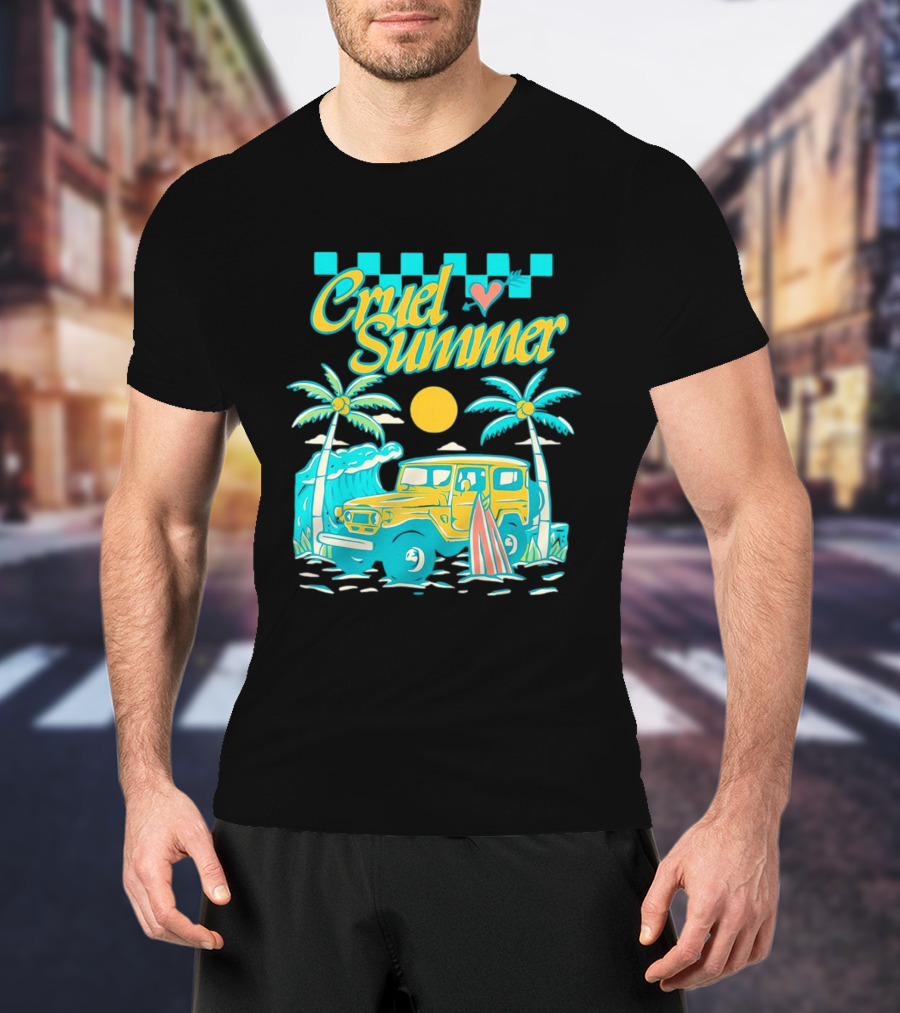 Cruel Summer Beach Vintage Jeep Palm Trees Retro Sun Wave Heart T-Shirt
