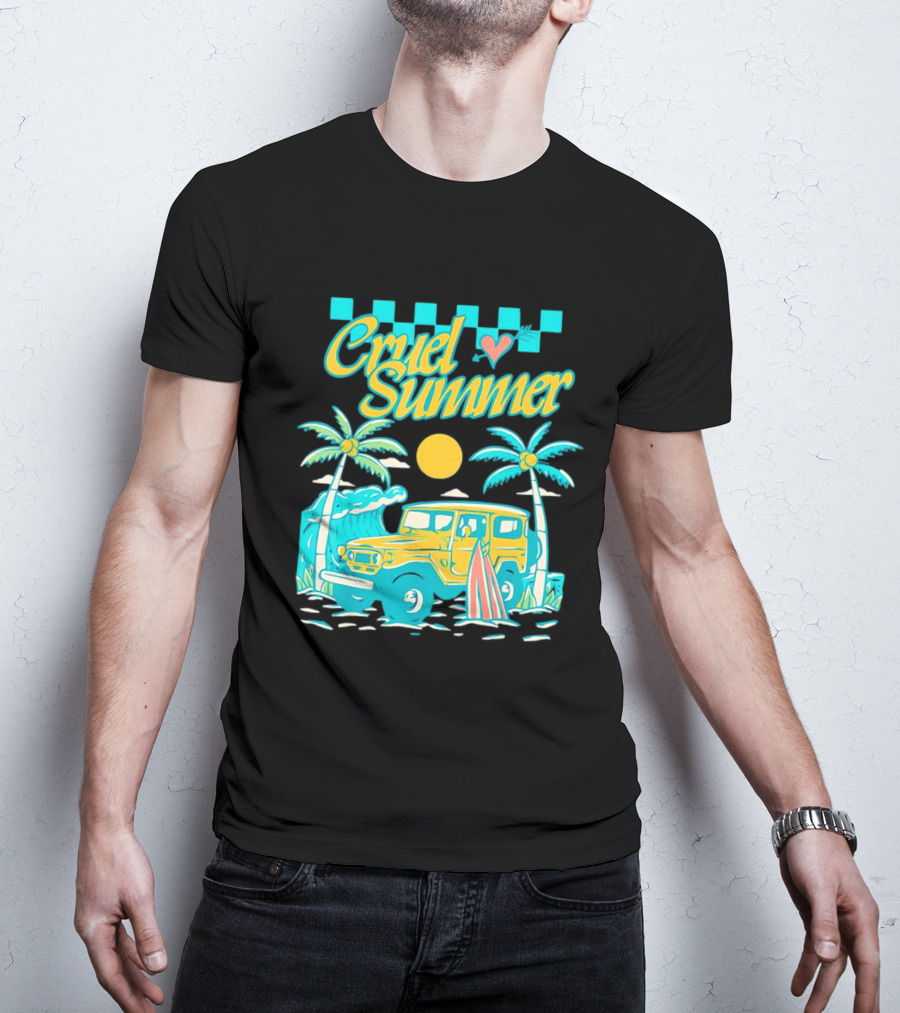 Cruel Summer Beach Vintage Jeep Palm Trees Retro Sun Wave Heart T-Shirt