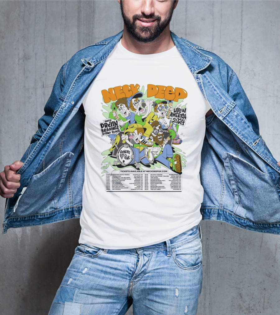 Neck Deep Live In America 2024 With Drain Bearings Higher Power Generic Pop Punk Tour Dates T-Shirt
