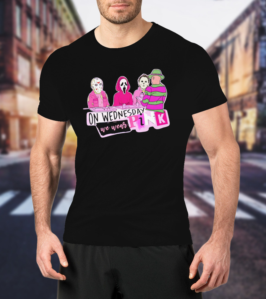 On Wednesdays We Wear Pink Horror Movie Characters Halloween Dinner Scene T-Shirt