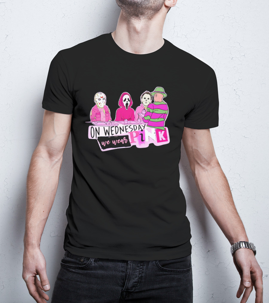On Wednesdays We Wear Pink Horror Movie Characters Halloween Dinner Scene T-Shirt