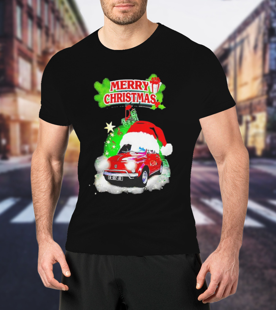 Merry Christmas Red Fiat 500 With Santa Hat And Green Background T-Shirt