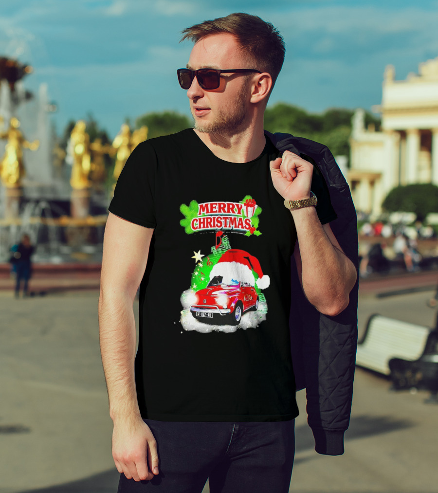 Merry Christmas Red Fiat 500 With Santa Hat And Green Background T-Shirt