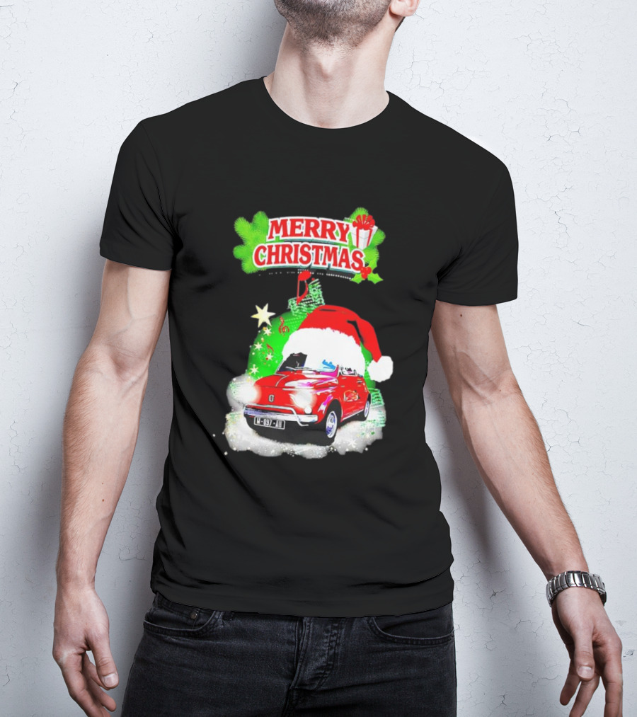 Merry Christmas Red Fiat 500 With Santa Hat And Green Background T-Shirt