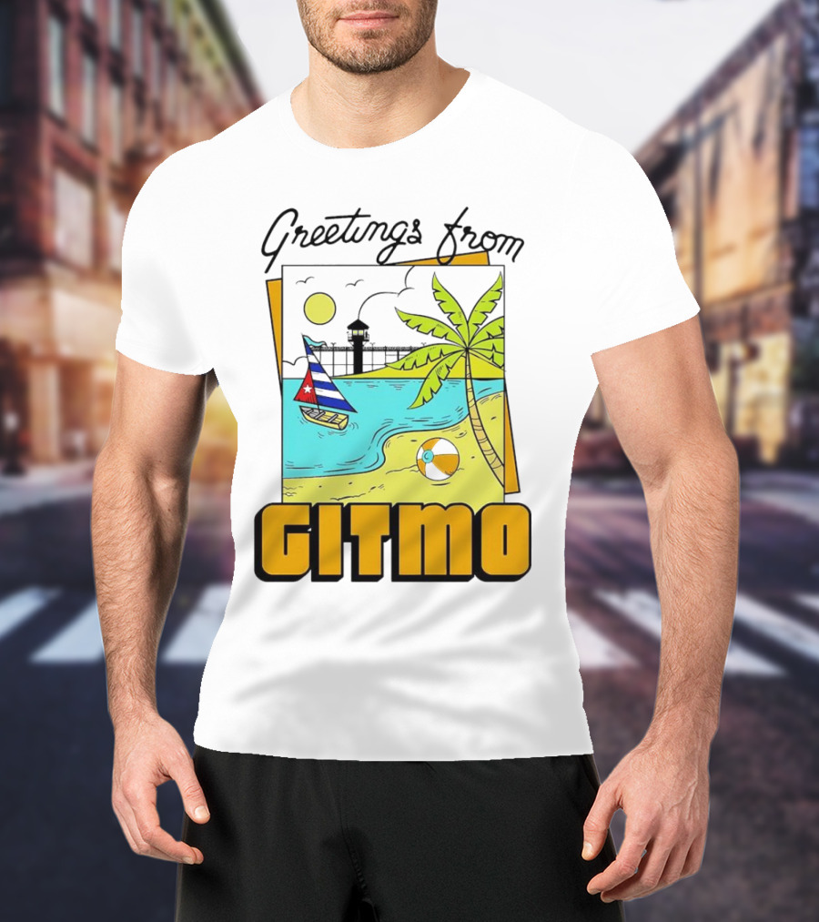 Greetings From Gitmo Beach Scene With Sailboat And Palm Tree T-Shirt
