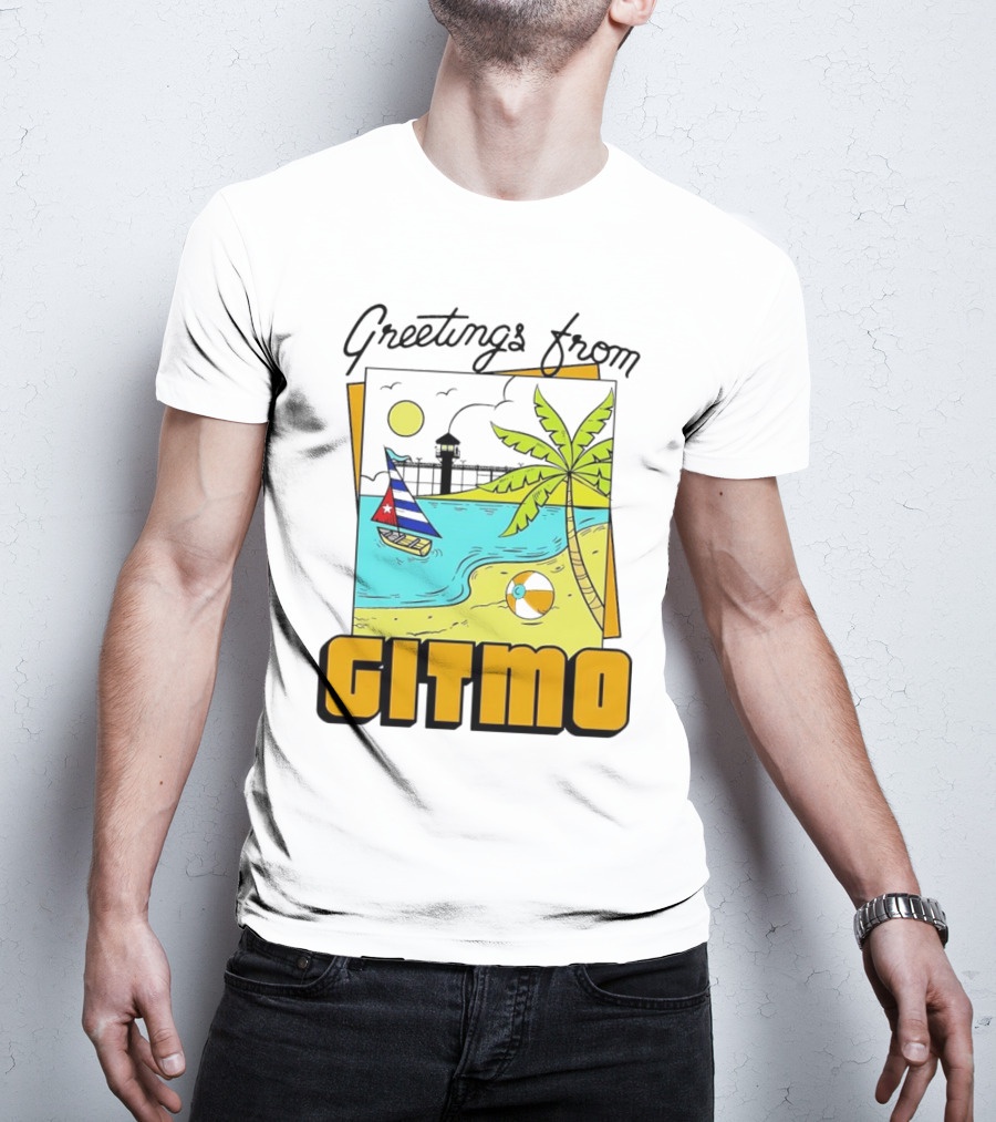 Greetings From Gitmo Beach Scene With Sailboat And Palm Tree T-Shirt
