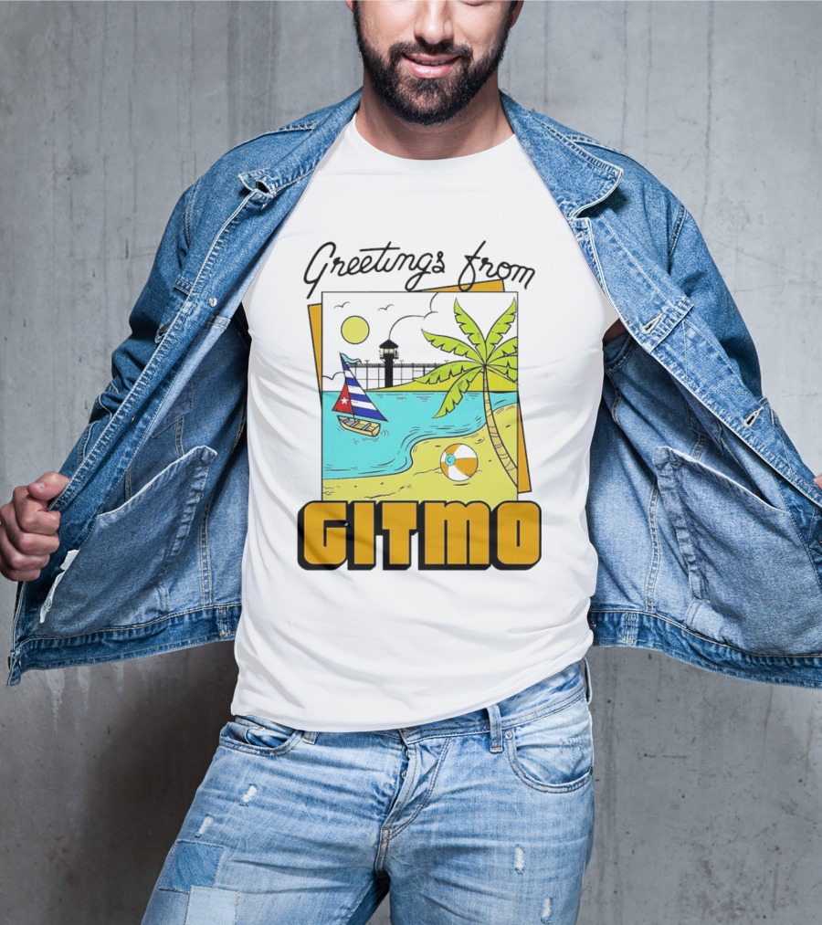 Greetings From Gitmo Beach Scene With Sailboat And Palm Tree T-Shirt